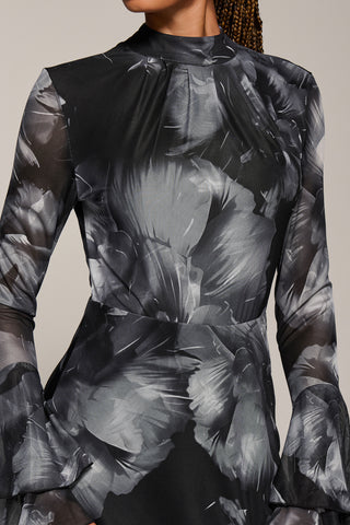 Ruffle Long Sleeve Mesh Maxi Dress, Black Abstract