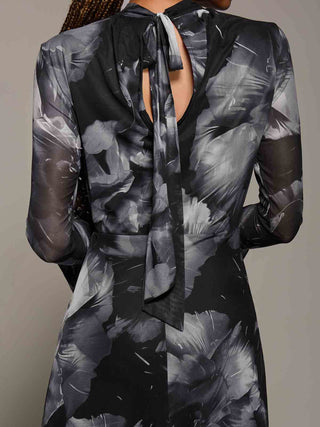 Ruffle Long Sleeve Mesh Maxi Dress, Black Abstract