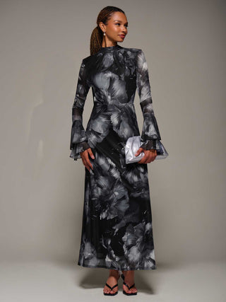 Ruffle Long Sleeve Mesh Maxi Dress, Black Abstract