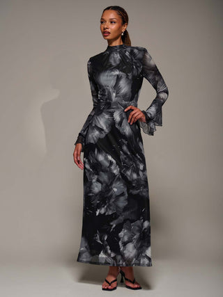 Ruffle Long Sleeve Mesh Maxi Dress, Black Abstract