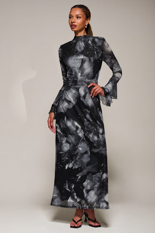 Ruffle Long Sleeve Mesh Maxi Dress, Black Abstract