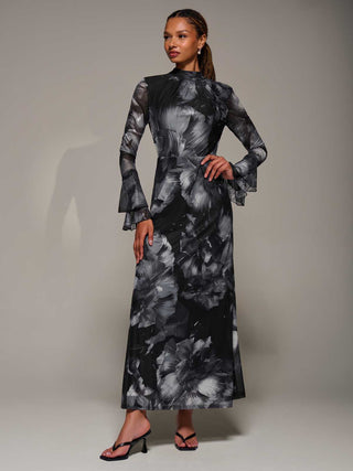 Ruffle Long Sleeve Mesh Maxi Dress, Black Abstract