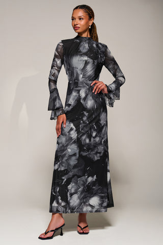 Ruffle Long Sleeve Mesh Maxi Dress, Black Abstract