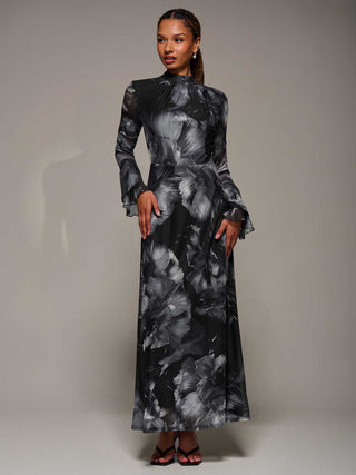 Ruffle Long Sleeve Mesh Maxi Dress, Black Abstract