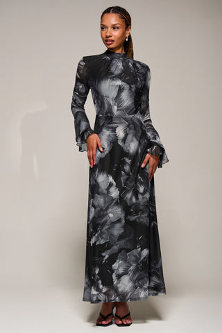 Ruffle Long Sleeve Mesh Maxi Dress, Black Abstract