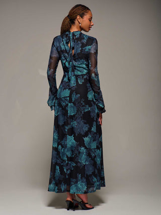 Ruffle Long Sleeve Mesh Maxi Dress, Blue Abstract