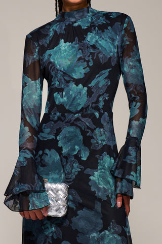 Ruffle Long Sleeve Mesh Maxi Dress, Blue Abstract