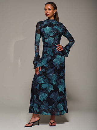 Ruffle Long Sleeve Mesh Maxi Dress, Blue Abstract