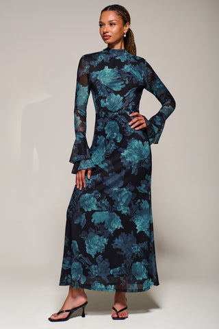 Ruffle Long Sleeve Mesh Maxi Dress, Blue Abstract