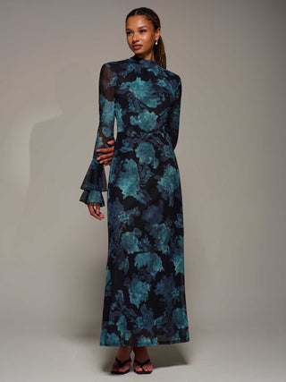 Ruffle Long Sleeve Mesh Maxi Dress, Blue Abstract