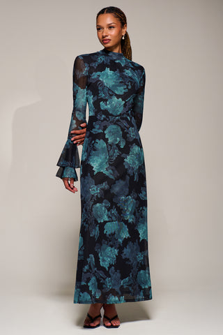 Ruffle Long Sleeve Mesh Maxi Dress, Blue Abstract