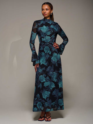 Ruffle Long Sleeve Mesh Maxi Dress, Blue Abstract