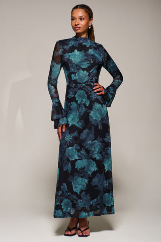 Ruffle Long Sleeve Mesh Maxi Dress, Blue Abstract