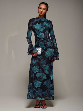 Ruffle Long Sleeve Mesh Maxi Dress, Blue Abstract