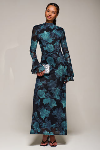 Ruffle Long Sleeve Mesh Maxi Dress, Blue Abstract