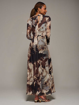 Ruffle Long Sleeve Mesh Maxi Dress, Brown Abstract