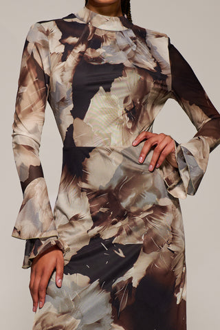 Ruffle Long Sleeve Mesh Maxi Dress, Brown Abstract