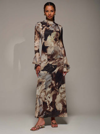 Ruffle Long Sleeve Mesh Maxi Dress, Brown Abstract