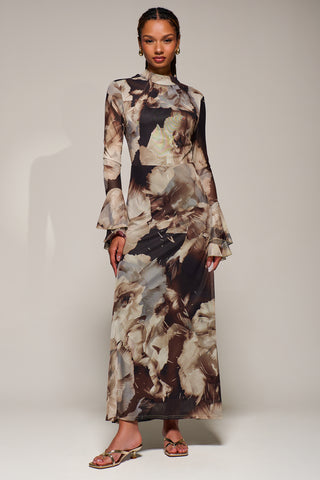 Ruffle Long Sleeve Mesh Maxi Dress, Brown Abstract