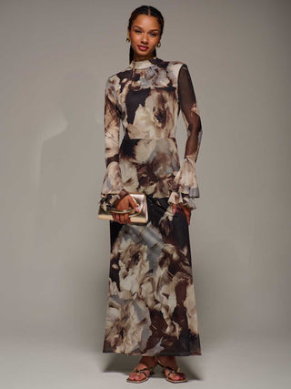 Ruffle Long Sleeve Mesh Maxi Dress, Brown Abstract