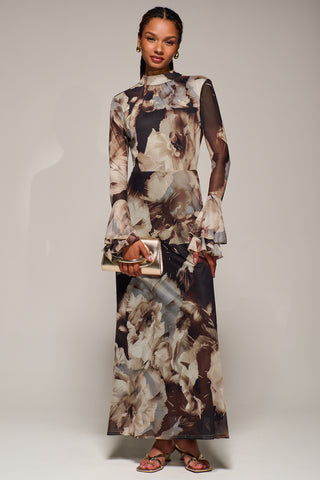 Ruffle Long Sleeve Mesh Maxi Dress, Brown Abstract