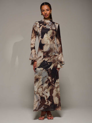 Ruffle Long Sleeve Mesh Maxi Dress, Brown Abstract