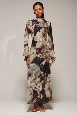 Ruffle Long Sleeve Mesh Maxi Dress, Brown Abstract