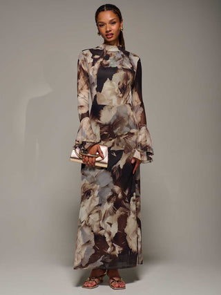 Ruffle Long Sleeve Mesh Maxi Dress, Brown Abstract