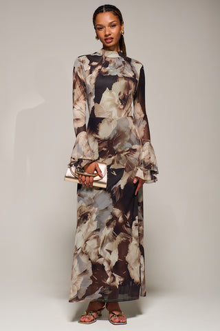 Ruffle Long Sleeve Mesh Maxi Dress, Brown Abstract