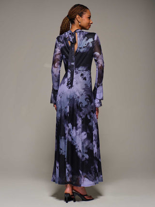 Ruffle Long Sleeve Mesh Maxi Dress, Purple Abstract