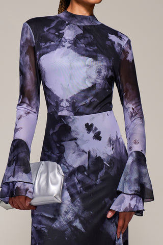 Ruffle Long Sleeve Mesh Maxi Dress, Purple Abstract
