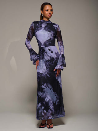 Ruffle Long Sleeve Mesh Maxi Dress, Purple Abstract