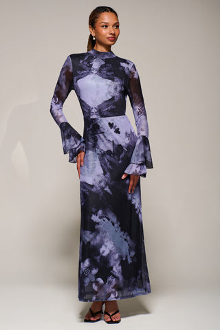 Ruffle Long Sleeve Mesh Maxi Dress, Purple Abstract