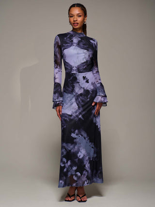 Ruffle Long Sleeve Mesh Maxi Dress, Purple Abstract