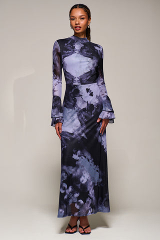 Ruffle Long Sleeve Mesh Maxi Dress, Purple Abstract
