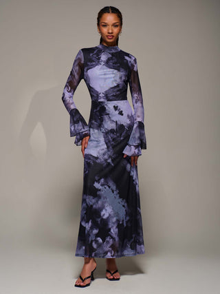 Ruffle Long Sleeve Mesh Maxi Dress, Purple Abstract