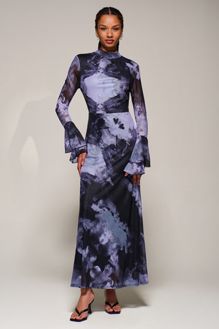 Ruffle Long Sleeve Mesh Maxi Dress, Purple Abstract