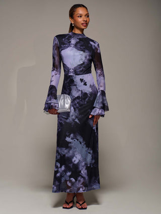 Ruffle Long Sleeve Mesh Maxi Dress, Purple Abstract