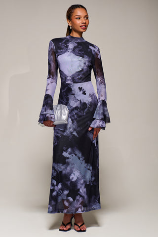 Ruffle Long Sleeve Mesh Maxi Dress, Purple Abstract