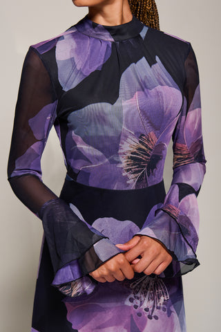Ruffle Long Sleeve Mesh Maxi Dress, Purple Floral