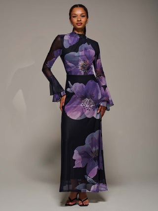 Ruffle Long Sleeve Mesh Maxi Dress, Purple Floral