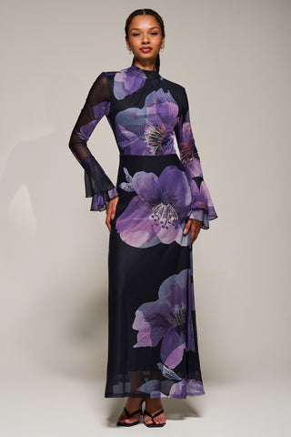 Ruffle Long Sleeve Mesh Maxi Dress, Purple Floral