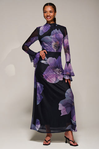 Ruffle Long Sleeve Mesh Maxi Dress, Purple Floral