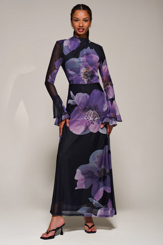 Ruffle Long Sleeve Mesh Maxi Dress, Purple Floral