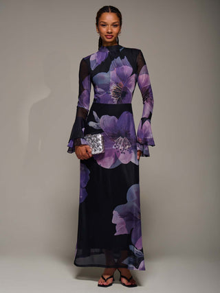 Ruffle Long Sleeve Mesh Maxi Dress, Purple Floral