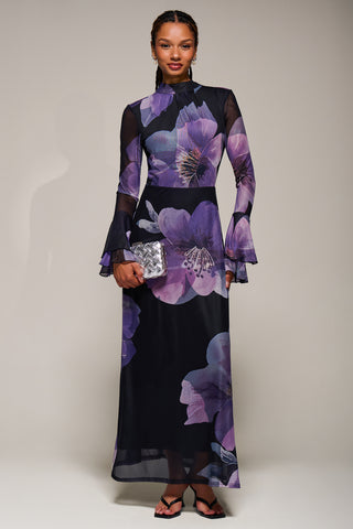 Ruffle Long Sleeve Mesh Maxi Dress, Purple Floral