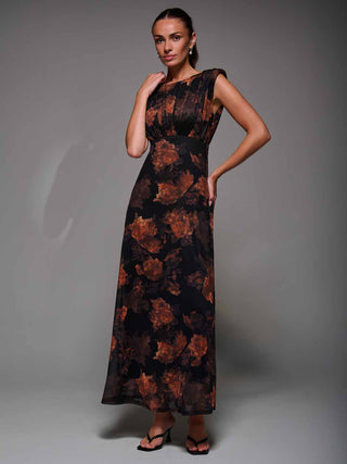Slash Neck Fit & Flare Mesh Maxi Dress Amber Abstract