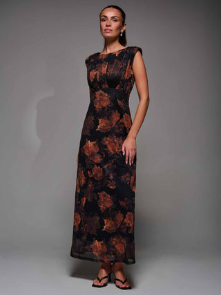 Slash Neck Fit & Flare Mesh Maxi Dress Amber Abstract
