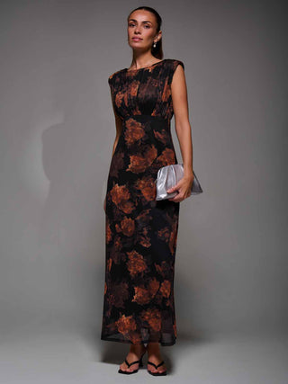 Slash Neck Fit & Flare Mesh Maxi Dress Amber Abstract