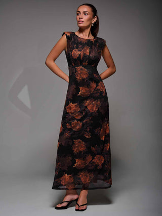 Slash Neck Fit & Flare Mesh Maxi Dress Amber Abstract